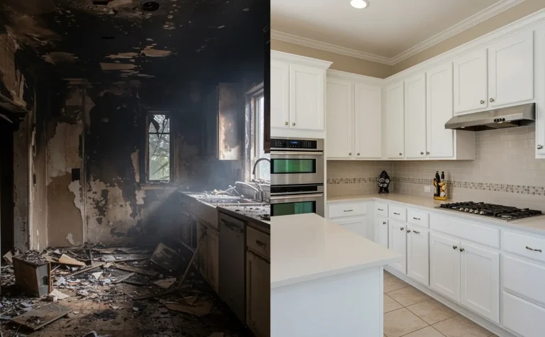 Damaged interior and finished kitchen shown side by side